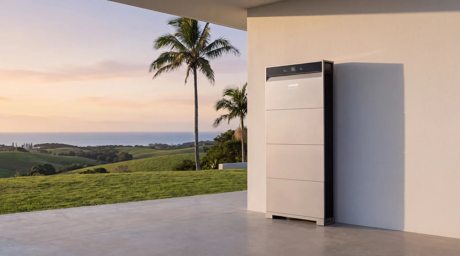 An Anker SOLIX X1 home battery on the terrace of a Byron hinterland home, with coastal pasture and the ocean behind