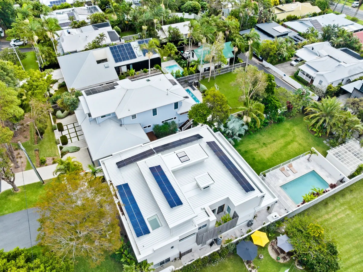 Aerial view of a Northern NSW neighbourhood with rooftop solar installed by Solar Start